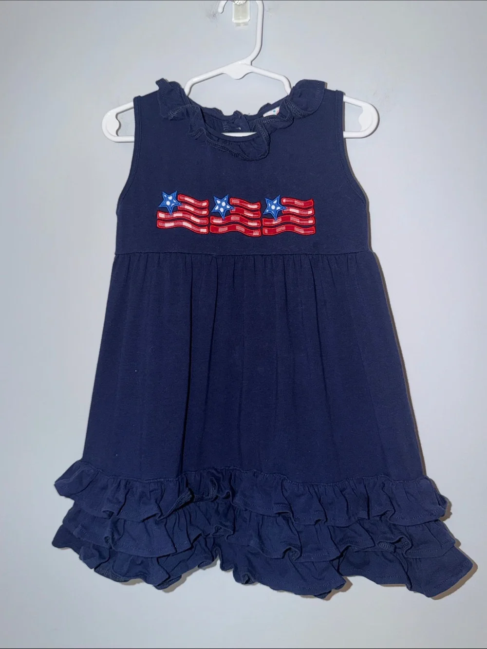 Stitchy Fish Girls Ruffle Tank Dress Size 3T Navy Blue Patriotic Flag Appliqué